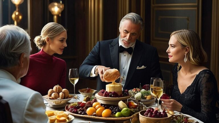 Prie stalo susirinko grupelė žmonių, kurie vaišinosi įvairiais gurmaniškais patiekalais ir gėrimais. Kambarys užpildytas prabangiomis dekoracijomis, atspindinčiomis kokybišką ir dekadentišką šių gurmaniškų dovanų pobūdį.