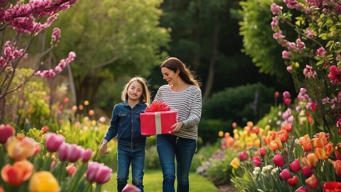 Realus vaizdas, kuriame mama ir vaikas susikibę rankomis vaikšto po žydintį pavasario sodą, apsupti ryškių gėlių ir laikantys gražiai supakuotą dovaną. Puikiai tinka straipsniui apie apgalvotas ir unikalias dovanų idėjas Motinos dienos proga.