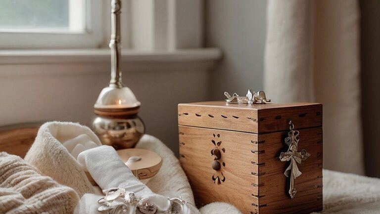 Mažas vaikas, besižavintis medine muzikine dėžute, apsupta įvairiausių šiltų ir natūralių krikštynų dovanų, įskaitant minkštą antklodę ir subtilų sidabrinį kryžių, simbolizuojantį naują pradžią ir ilgalaikius prisiminimus.