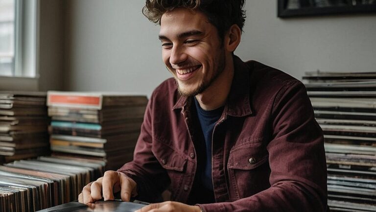 Jaunas vyras sėdi priešais vinilinių plokštelių sieną ir šypsosi atidarydamas dovanų dėžutę, užpildytą naujais vinilais.
