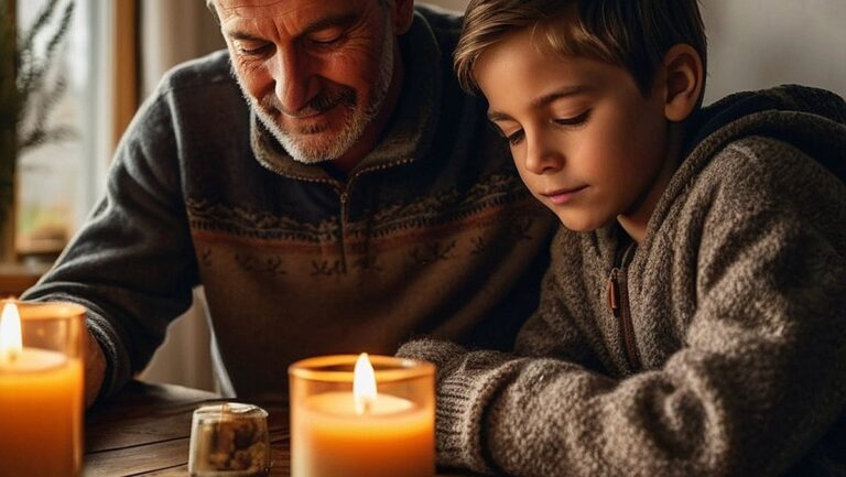 Užfiksuokite tėvo namų šilumą ir jaukumą su didelės raiškos vaizdu, kaip tėvas ir vaikas žavisi gražiai pagamintų žvakių rinkiniu, parodantis, koks dėmesingumas ir komfortas yra už šių tobulų namų dovanų.