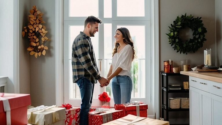Jauna pora stovi naujuose namuose, apsupta praktiškų ir apgalvotų vestuvių dovanų, džiaugsmingomis ir dėkingomis veido išraiškomis.