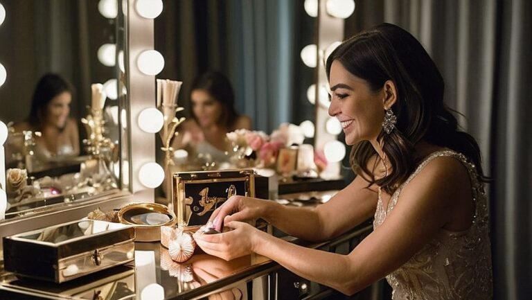 Moteris sėdi prie kosmetinio stalo, apsupta suasmenintų dovanų. Ji šypsosi atidarydama dėžutę ir atidengia gražiai išgraviruotą kompaktišką veidrodį. Kambarys užpildytas švelniu apšvietimu ir veidrodžiais, sukuriančiais žavesio ir prabangos pojūtį.