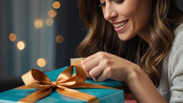 Didelės raiškos atvaizdas, kuriame moteris žavisi suasmeninta dovana su išgraviruotu jos vardu, apsupta kitų suasmenintų dovanų moterims. Moters veidas alsuoja džiaugsmu ir dėkingumu, pabrėžiant asmeninių dovanų moterims teikimo ir gavimo magiją.