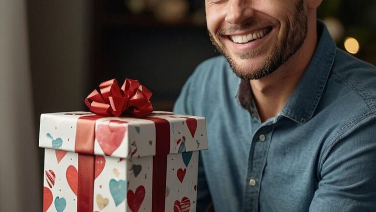 Didelės raiškos vyro, gaunančio asmeninę dovaną iš mylimo žmogaus, vaizdas su įvairiais unikaliais ir apgalvotais dovanų variantais. Vyras dėkingai šypsosi, demonstruodamas suasmeninimo vertę dovanojant dovanas.