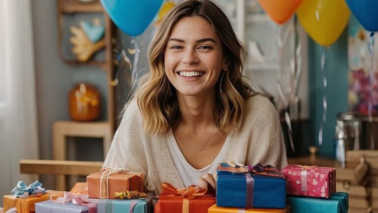 Didelės raiškos besišypsančios jaunos moters vaizdas, apsuptas įvairių gražiai supakuotų ir suasmenintų gimtadienio dovanų, įskaitant rankų darbo amatus, sentimentalius papuošalus ir praktiškus virtuvės įtaisus. Moters veidas alsuoja susijaudinimu ir dėkingumu, parodo mąstančio ir