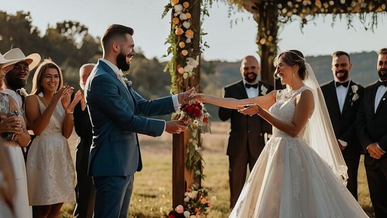Graži ir suasmeninta vestuvių dovana įteikiama jaunavedžių porai, apsuptai savo mylimųjų su džiaugsmingomis veido išraiškomis.