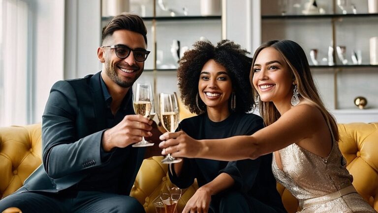 Draugų būrys, besišypsantis ir skrudinamas šampano taurėmis, apsuptas elegantiškų ir prabangių dovanų, simbolizuojančių kokybiškų dovanų mylimam draugui ypatingomis progomis įteikimo džiaugsmą ir šventę.