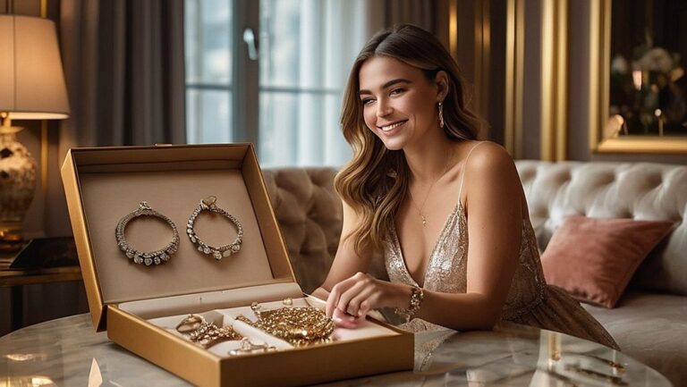 Jauna moteris sėdi ant prabangios sofos, apsupta elegantiškų ir kokybiškų dovanų. Ji šypsosi atidarydama dėžutę ir atidengdama nuostabų papuošalą. Kambarys užpildytas šiltu ir jaukiu apšvietimu, sukuriančiu meilės ir intymumo jausmą.