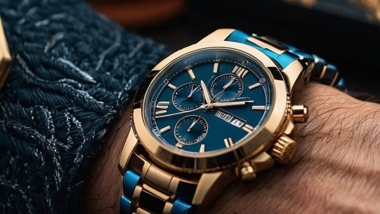 Stilingas ir prabangus laikrodis ant vyriško riešo, apsuptas kitų madingų aksesuarų. Puikiai tinka straipsniui apie aukštos kokybės dovanų idėjas vyrams, vertinantiems madą ir rafinuotumą.