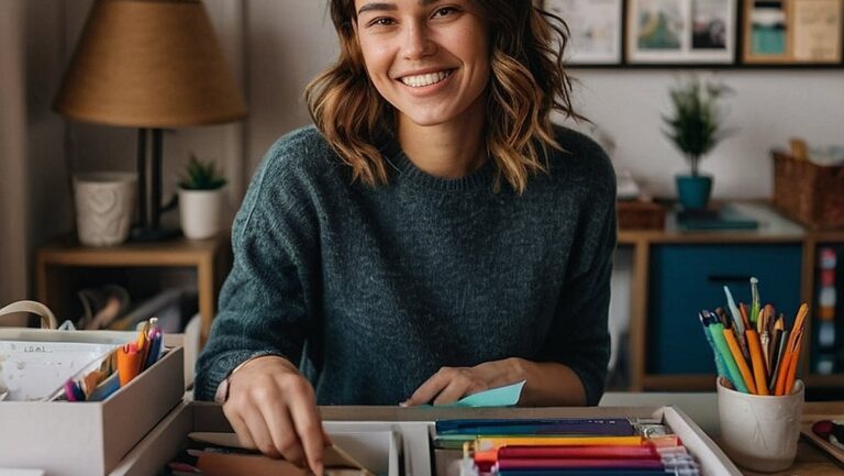 Jauna moteris sėdi prie rašomojo stalo, apsupta įvairių praktiškų ir funkcionalių dovanų. Ji šypsosi atidarydama dėžutę, pripildytą raštinės reikmenų ir organizatorių, puikiai tinkančių kasdienėms užduotims atlikti ir organizuoti.