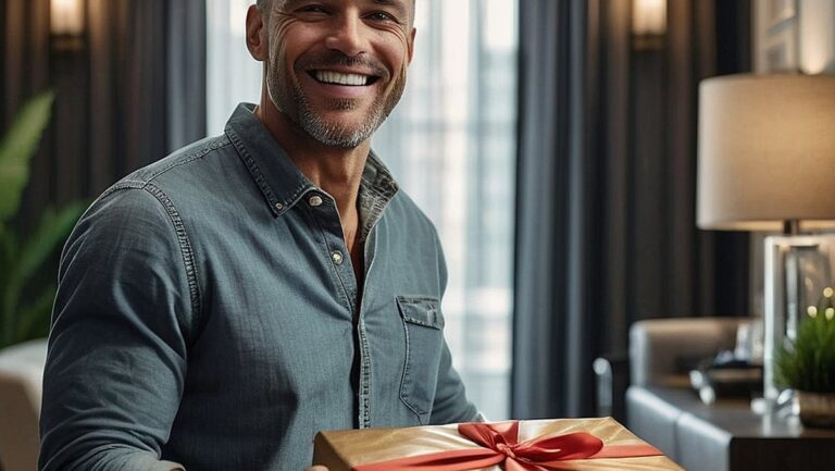 Didelės raiškos vyriško, besišypsančio, gaunant praktišką ir funkcionalią dovaną, vaizdas, apsuptas kitų naudingų dovanų variantų. Kambarys dekoruotas moderniais ir stilingais elementais, sukuriančiais praktiškumo ir rafinuotumo pojūtį.