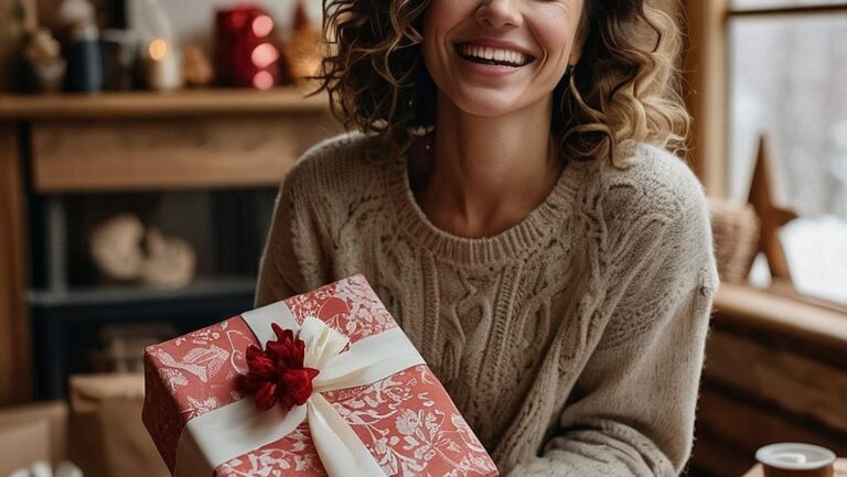 Didelės raiškos atvaizdas, kuriame moteris laimingai gauna unikalią rankų darbo dovaną iš draugų būrio, apsupta šiltų ir jaukių dekoracijų. Moters veidas kupinas džiaugsmo ir dėkingumo, parodantis, kaip verta dovanoti ir gauti nuoširdžių rankų darbo dovanų moterims.