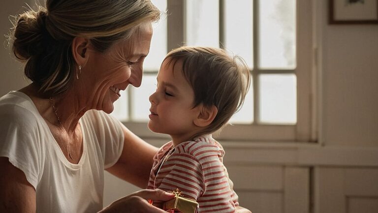 Sentimentali ir nuoširdi akimirka tarp mamos ir jos vaiko, kai jie apsikeičia asmenine dovana. Šilta ir mylinti atmosfera atspindi emocinę dovanos mylimai mamai reikšmę.