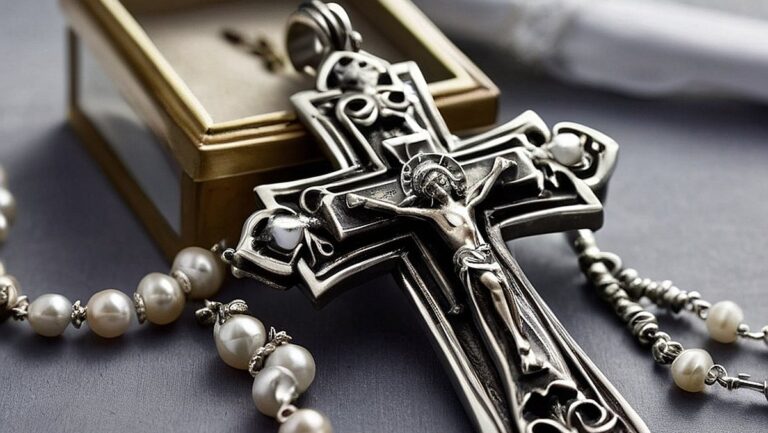 Gražaus dizaino sidabrinis kryžius, įkomponuotas tarp tradicinių sidabrinių krikšto dovanų, simbolizuojantis naujos kelionės pradžią ir tikėjimo bei tradicijų svarbą.