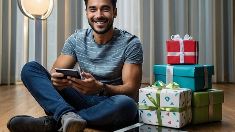 Aukštos kokybės vyro, apsupto šiuolaikinių technologijų dovanomis, atvaizdas, parodantis azartą ir meilę technologijoms. Vyras šypsosi ir laiko vieną iš dovanų, o fone rodomi kiti įtaisai ir įrenginiai.