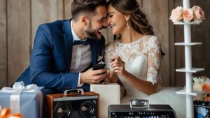 Laiminga pora, apsupta įvairių modernių ir novatoriškų vestuvių dovanų, įskaitant personalizuotus techninius prietaisus ir praktinius įrankius, su jauduliu ir nuostaba.