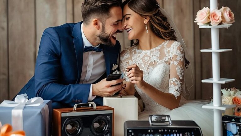 Laiminga pora, apsupta įvairių modernių ir novatoriškų vestuvių dovanų, įskaitant personalizuotus techninius prietaisus ir praktinius įrankius, su jauduliu ir nuostaba.