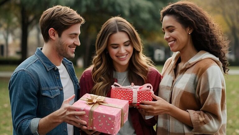 Didelės raiškos vaizdas, kaip parke susirinko draugų būrys, besikeičiantis gražiai supakuotomis dovanomis Valentino dienos proga. Dovanos svyruoja nuo suasmenintų daiktų iki smagių įspūdžių, parodančių artimų draugų džiaugsmą ir meilę šios ypatingos šventės metu. Grupė