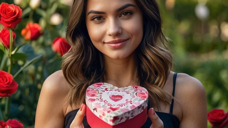 Didelės raiškos moters atvaizdas, laikantis širdies formos dėžutę, pripildytą suasmenintų ir romantiškų dovanų Valentino dienos proga. Ją supa gražus sodas, kuriame pristatomos puikios dovanos, skirtos išreikšti meilę ir sukurti nepamirštamus prisiminimus su antrąja puse.