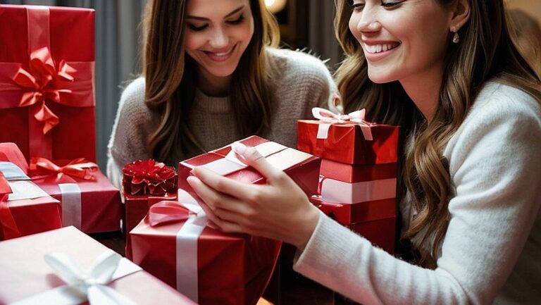 Didelės raiškos vaizdas, kuriame besišypsanti ir įvairiomis romantiškomis dovanomis moterims besižavinčių moterų grupė, apsupta elegantiškų Valentino dienos dekoracijų. Moterų veidai kupini džiaugsmo ir dėkingumo, parodo romantiškų dovanų dovanojimo ir gavimo magiją.