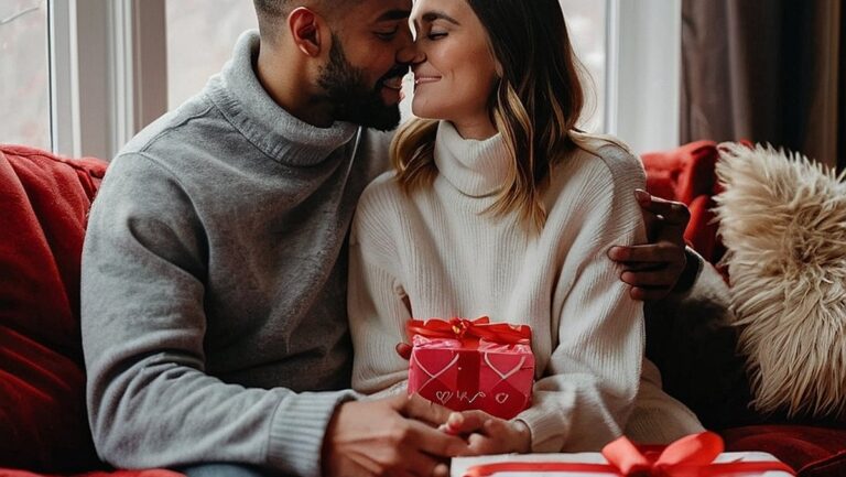 Didelės raiškos vaizdas, kuriame ant jaukios sofos įsitaisiusi pora, apsupta gražiai supakuotų Valentino dienos dovanų. Dovanos apima asmeninius daiktus ir romantišką veiklą, demonstruojančias tobulas dovanas romantiškai ir intymiai šventei namuose.