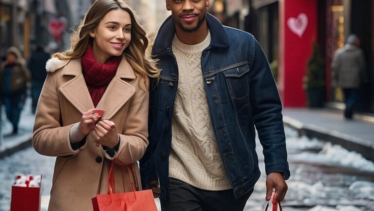 Didelės raiškos jaunos poros, einančios susikibusios rankomis šurmuliuojančia miesto gatve, vaizdas, apsuptas unikalių ir personalizuotų Valentino dienos dovanų. Dovanos – nuo ​​rankų darbo gaminių iki smagių įspūdžių, demonstruojančios tobulas dovanas tyrinėjant ir švęsti.