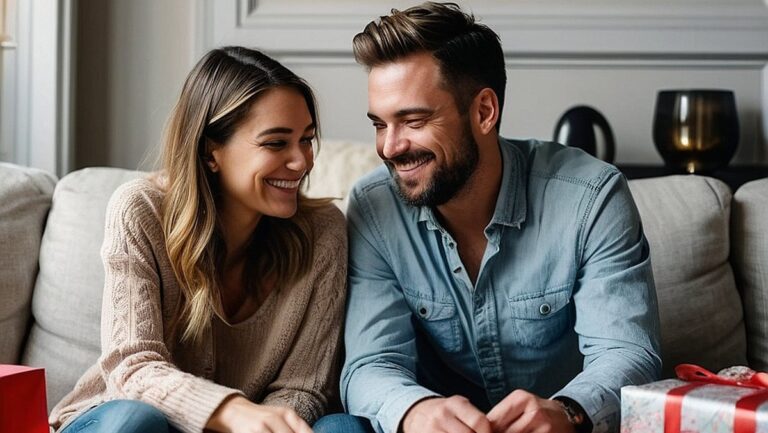 Svetainėje sėdinti laiminga pora, apsupta įvairių gražiai supakuotų dovanų, pristatomų tiesiai prie jų durų su asmeniniu užrašu.