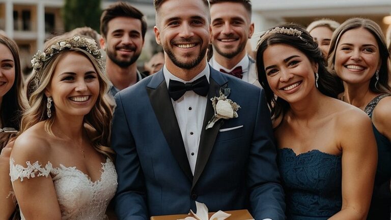 Jaunavedžių pora, apsupta savo vestuvių svečių, gauna finansinę dovaną su dėkingumu ir džiaugsmu veide.