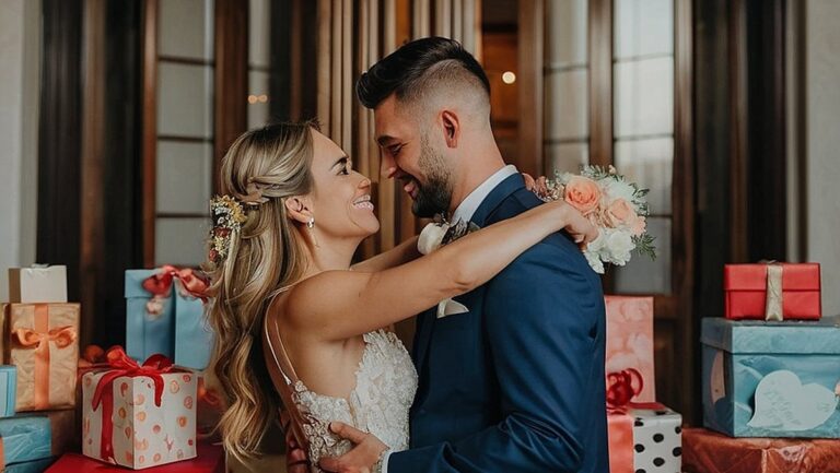 Pora, apsupta įvairių apgalvotų ir suasmenintų vestuvių dovanų, su džiaugsmo ir dėkingumo išraiškomis veiduose, stovinti priešais gražų ir romantišką foną.