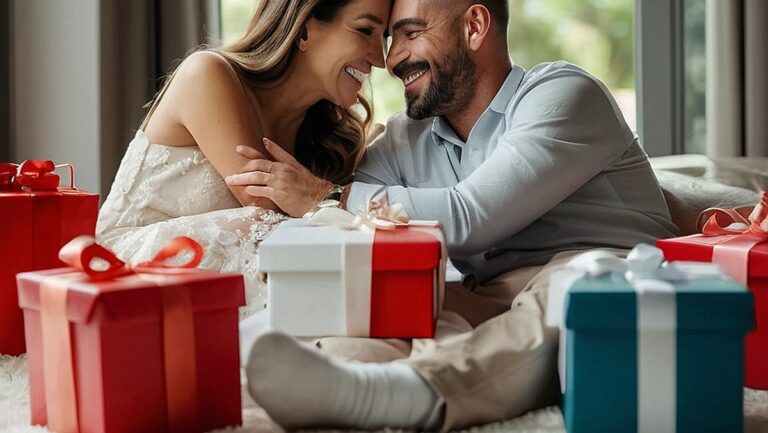 Laiminga pora, švenčianti savo vestuvių metines, apsupta gražių apgalvotų ir suasmenintų dovanų iš savo artimųjų.