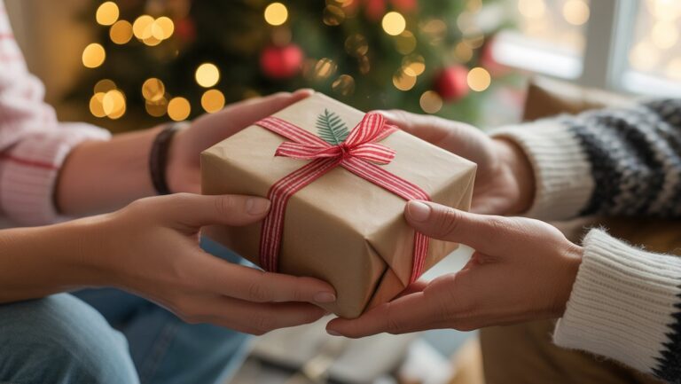 Realus, jaukus kadras: rankos, keičiančios apgalvotai apvyniotą, kuklią slaptą Kalėdų senelio dovaną, šiltas šventinis Bokeh lemputes švelniame fokusavimo fone.