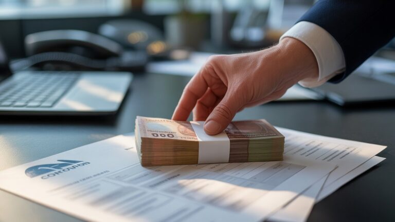 Realistiška, profesionali aplinka: ranka atsargiai uždeda krūvą banknotų ant įmonės stalo, šalia subtilaus įmonės logotipo ir teisiškai atrodančių finansinių formų. Minkštas, kryptinis biuro apšvietimas.