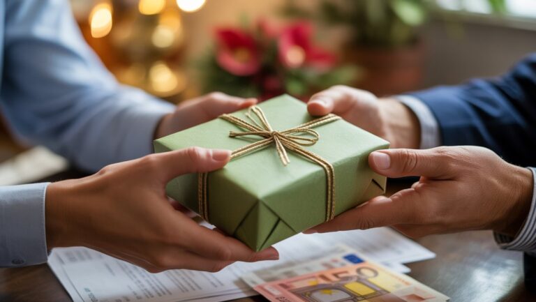 Realistiškas, intymus rankų kadras, apsikeičiantis gražiai suvyniota dovana, su subtiliu, ne fokusavimu užuomina apie oficialius dokumentus ar euro banknotus, šiltą vidaus šviesą.