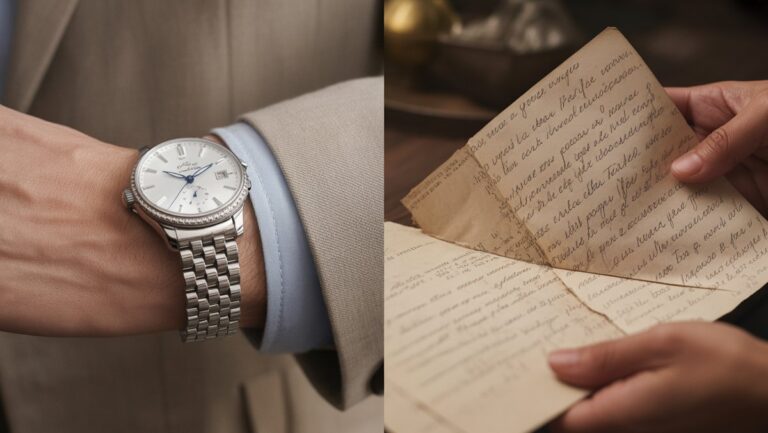 Realus iš arti: ranka, laikanti žvilgantį prabangų laikrodį, sugretintą su kita ranka, atsargiai laikant susidėvėjusį, puoselėjamą ranka rašytą laišką, intymiai apšvietimu.