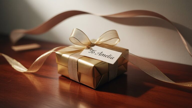 Realistiškas, išsamus gražiai apvyniotos dovanos iš arti iš arti, išmesdamas pailgą, subtiliai iškreiptą šešėlį, kuris užuomina į manipuliaciją.