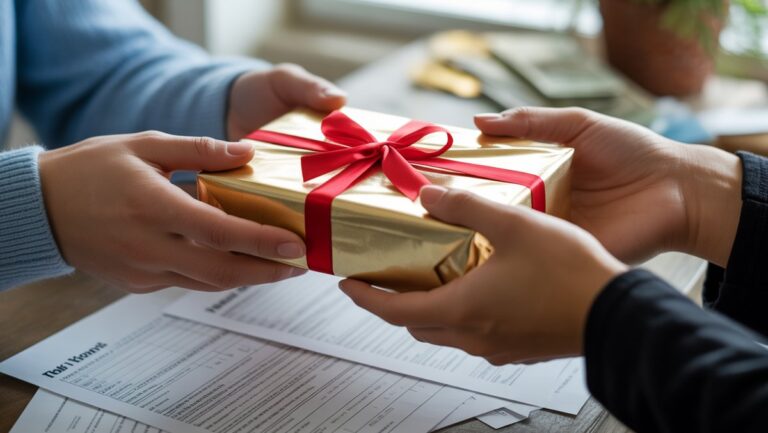 Realistiškas rankų iš arti apsikeitimo apvyniota dovana. Pagrindiniai, švelniai neryškūs, subtiliai pasižymi mokesčių formomis ar valiuta, reiškia finansinius sumetimus.