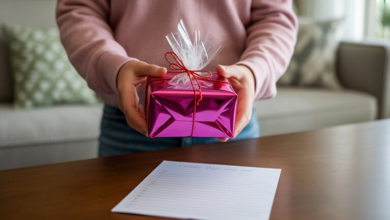 Realus šūvis: žmogus, nepatogiai laikantis ryškiai apvyniotą, netinkamą naujovę; Tvarkingas, ranka parašytas dovanų sąrašas yra subtiliai neryškus ant netoliese esančio paviršiaus, minkštos natūralios šviesos.