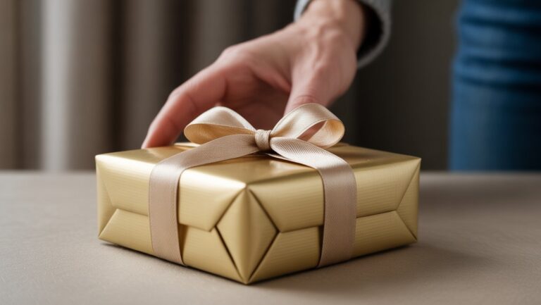 Realistiška gražiai suvyniotos dovanų dėžutės, subtiliai dedamos ant neutralaus paviršiaus, scena, iš dalies užtemdyta ranka atsiimanti, pabrėžiant diskretišką, anoniminį dovanojimą.