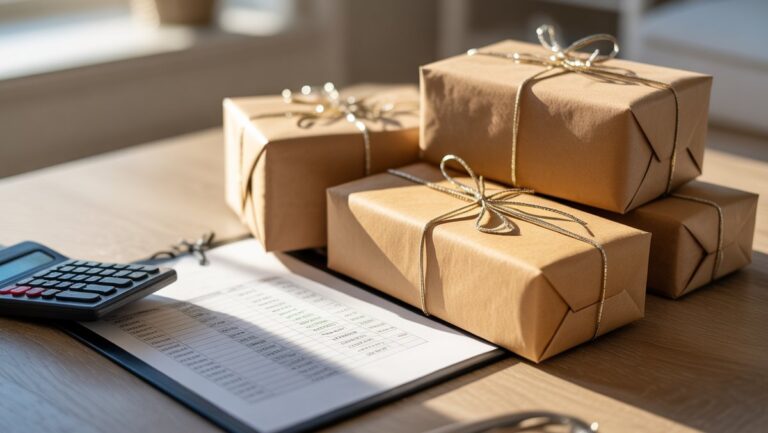 Realus natiurmortas: keli elegantiškai apvyniotos dovanų dėžutės šalia finansinės knygos ir skaičiuoklės, išsimaudytos minkšta, natūrali šviesa, seklios lauko gylio.