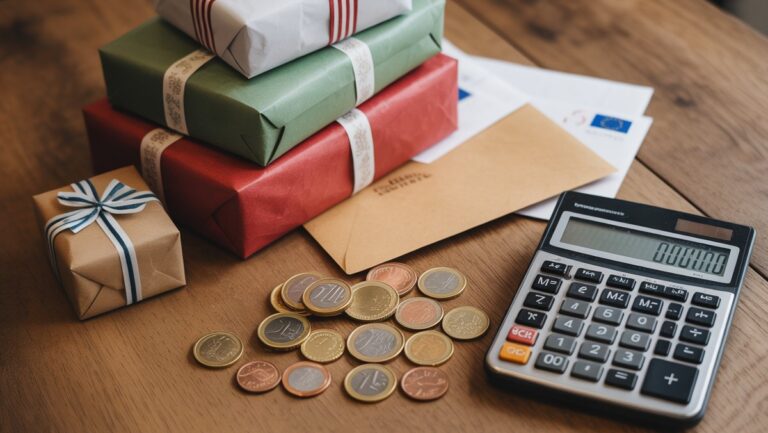 Realistiška nuotrauka: krūva įvairių apvyniotų dovanų ir vokų šalia išsklaidytų eurų monetų ir finansinė skaičiuoklė ant medinio stalo, pabrėžiant apibendrinimą.