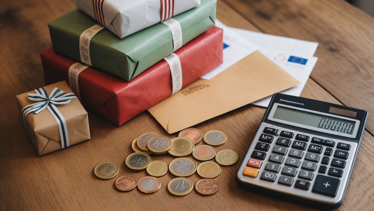 Realistiška nuotrauka: krūva įvairių apvyniotų dovanų ir vokų šalia išsklaidytų eurų monetų ir finansinė skaičiuoklė ant medinio stalo, pabrėžiant apibendrinimą.
