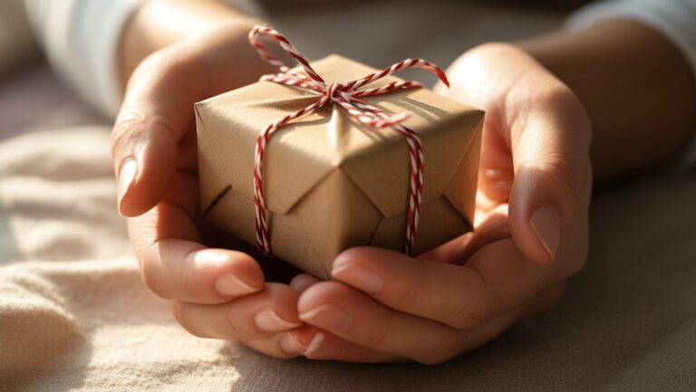 Realus rankų iš arti, subtiliai laikant mažą, asmeniškai suvyniotą apgalvotą dovaną, išsimaudytą minkštoje, šiltoje šviesoje su negiliu lauko gyliu, sukurdamas intymią, tikrą atmosferą.