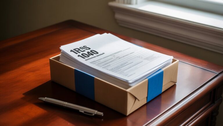 Iš dalies neišvertinta dovanų dėžutė, atskleidžianti oficialius mokesčių dokumentus, ant medinio stalo. Realistiška, rimta atmosfera, profesionalus apšvietimas.