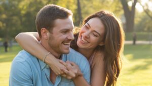 Realistiška nuotrauka, kurioje pora nuoširdžiai juokiasi per paprastą, džiaugsmingą lauko veiklą, išsimaudė šiltoje popietės šviesoje, simbolizuojančioje ilgalaikiuose prisiminimuose.