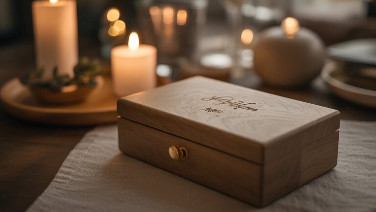 Realistiškas gražiai pagamintos, unikalios suasmenintos dovanos iš arti su subtiliomis išgraviruotomis detalėmis, išsimaudytomis minkšta, šilta šviesa ir intymi atmosfera.