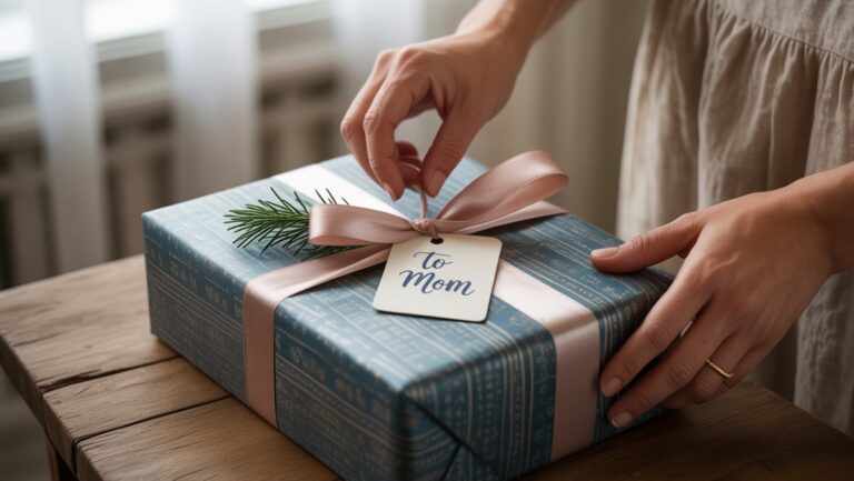 Realistiška rankų nuotrauka kruopščiai perrašant anksčiau atidarytą dovanų dėžutę su nauju popieriumi, subtilia šviesa, apgalvota atmosfera.