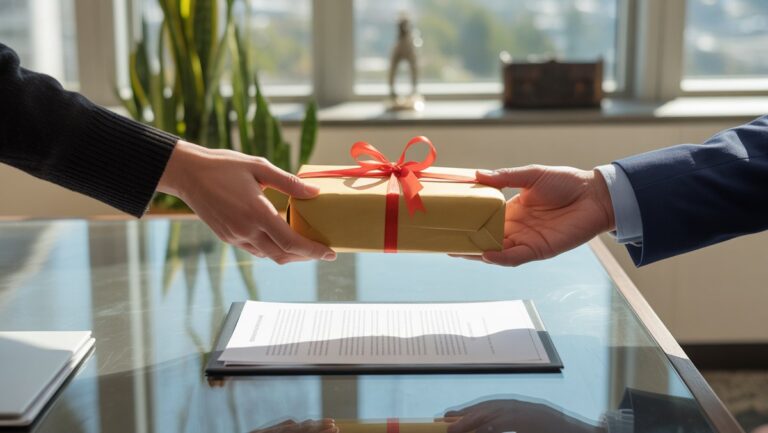 Realistiški rankų iš arti apsikeitimo tvarkingai suvyniota dovana ir oficialūs teisiniai dokumentai ant aptakaus stalo „Sunlit Modern“ biure.