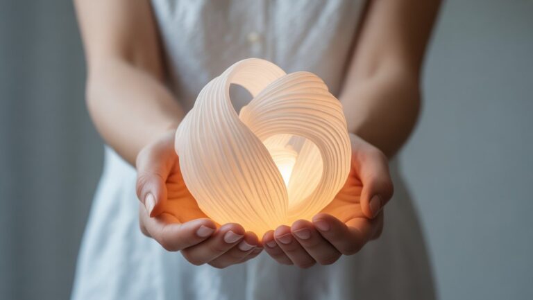 Realistiškos, elegantiškos rankos, pateikiančios gražiai pagamintą, unikalią rankų darbo dovaną prieš švarią, švelniai apšviestą, subtiliai futuristinį foną, pabrėžiant ilgalaikį meniškumą.