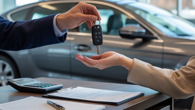 Realistiška rankų keitimo automobilio rakteliai su finansiniais dokumentais ir skaičiuoklė ant stalo, modernus automobilis, matomas fone, nutildytas apšvietimas.